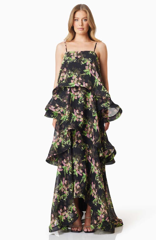 Elliatt Ula Floral Tiered Georgette Gown In Black Multi