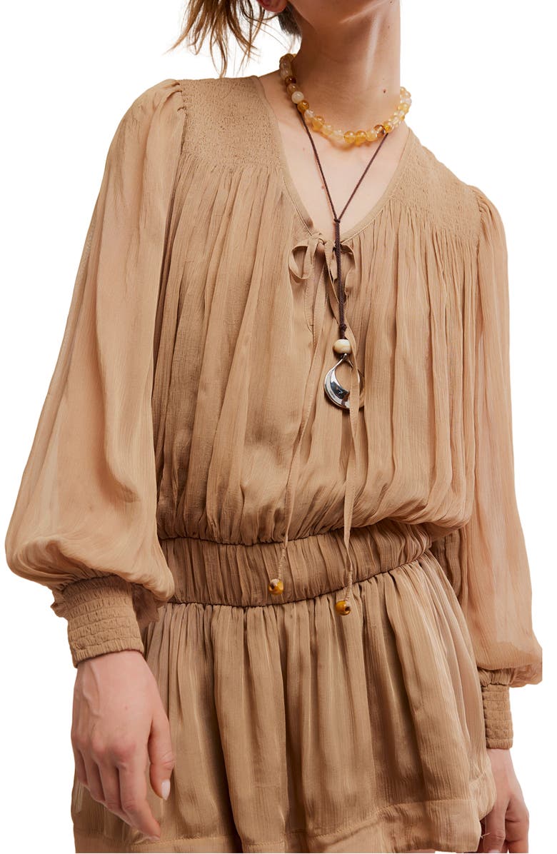 Free People Sunbeam Long Sleeve Cotton Blend Minidress, Alternate, color, Tannin