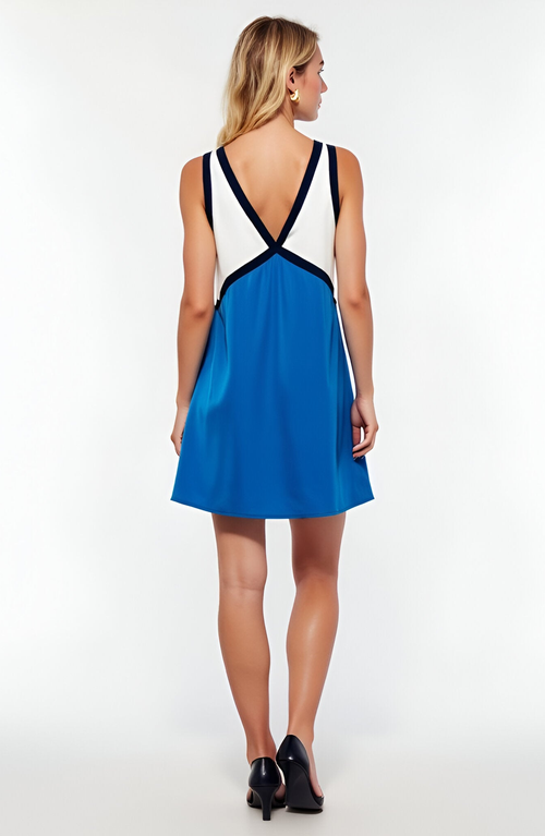 Modenaire Sleeveless V-neck Mini Dress With Contrast Binding In Blue