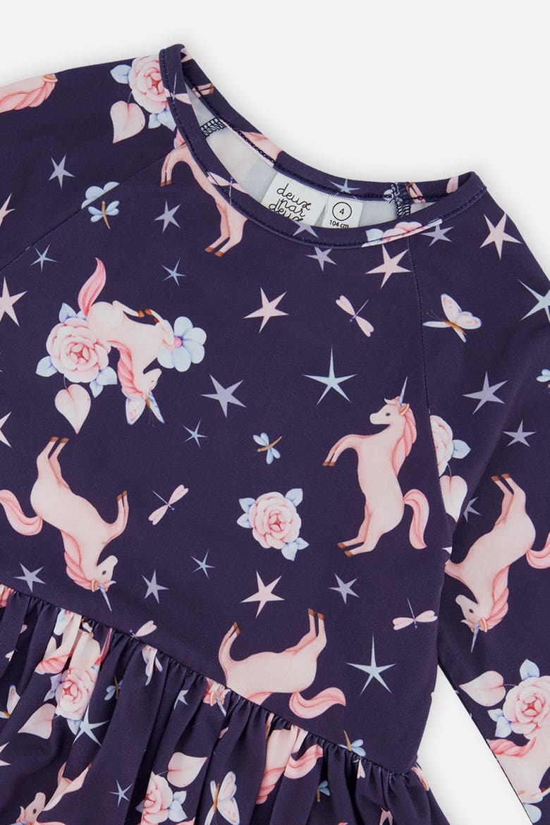 Long Raglan Sleeve Unicorn Dress with Patch Pockets, Alternate, color, Navy Unicorn Print