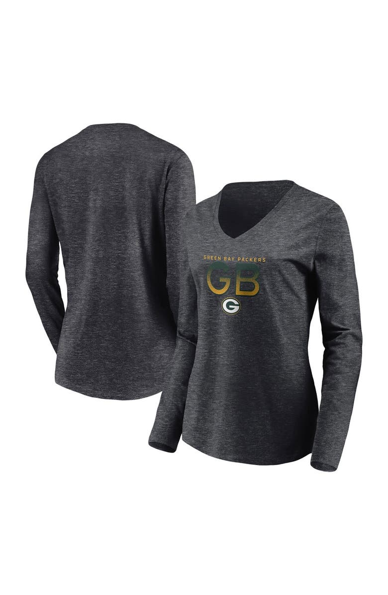 FANATICS Women's Fanatics Branded Heather Charcoal Green Bay Packers Component Long Sleeve V-Neck T-Shirt, Main, color, 