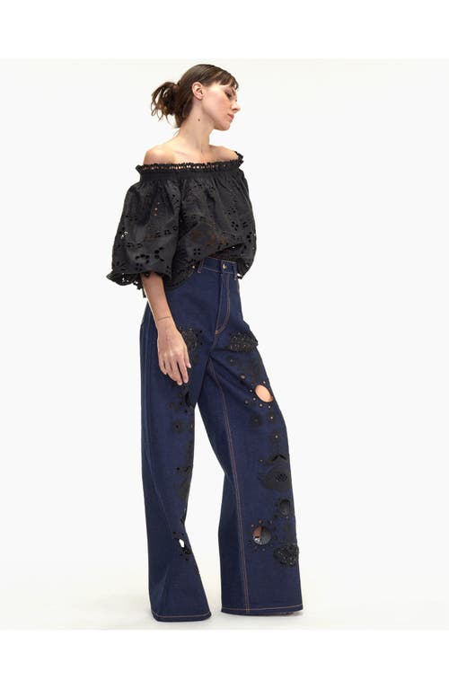 Cynthia Rowley Embroidered Wide-leg Jean In Navy/black