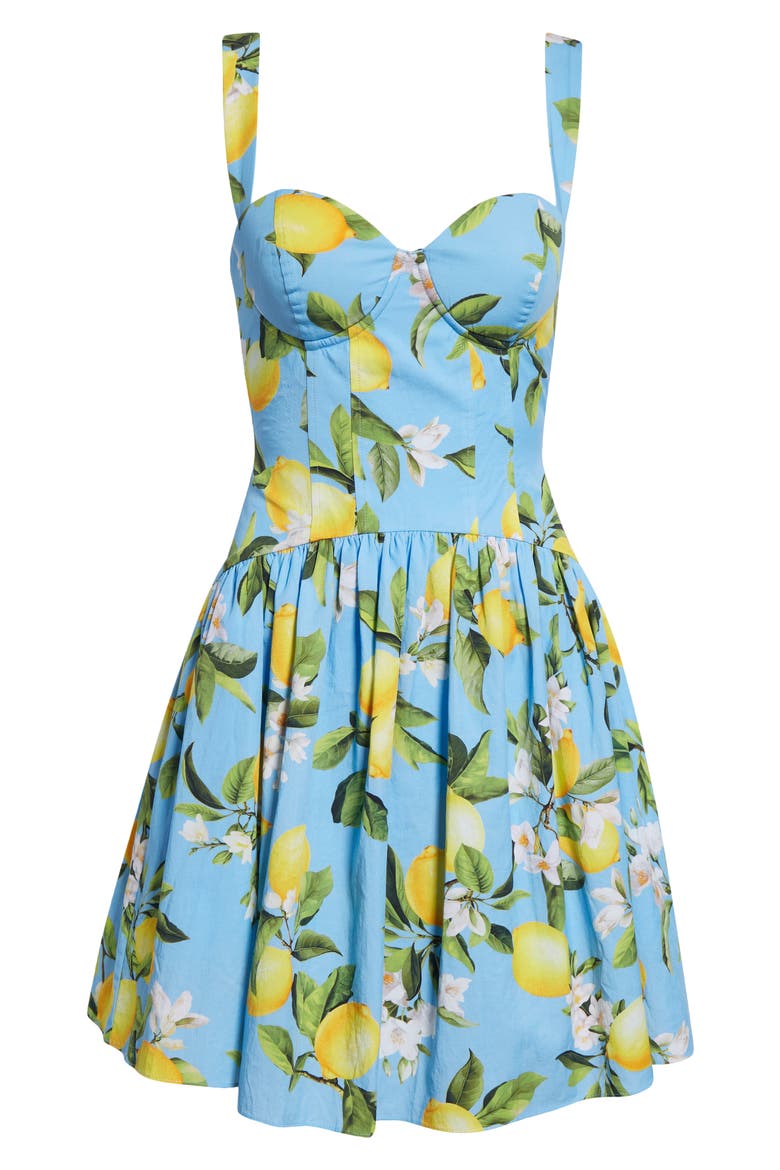 Jai Lemon Print Corset Minidress, Alternate, color, SKY BLUE/ YELLOW FLORAL LEMON