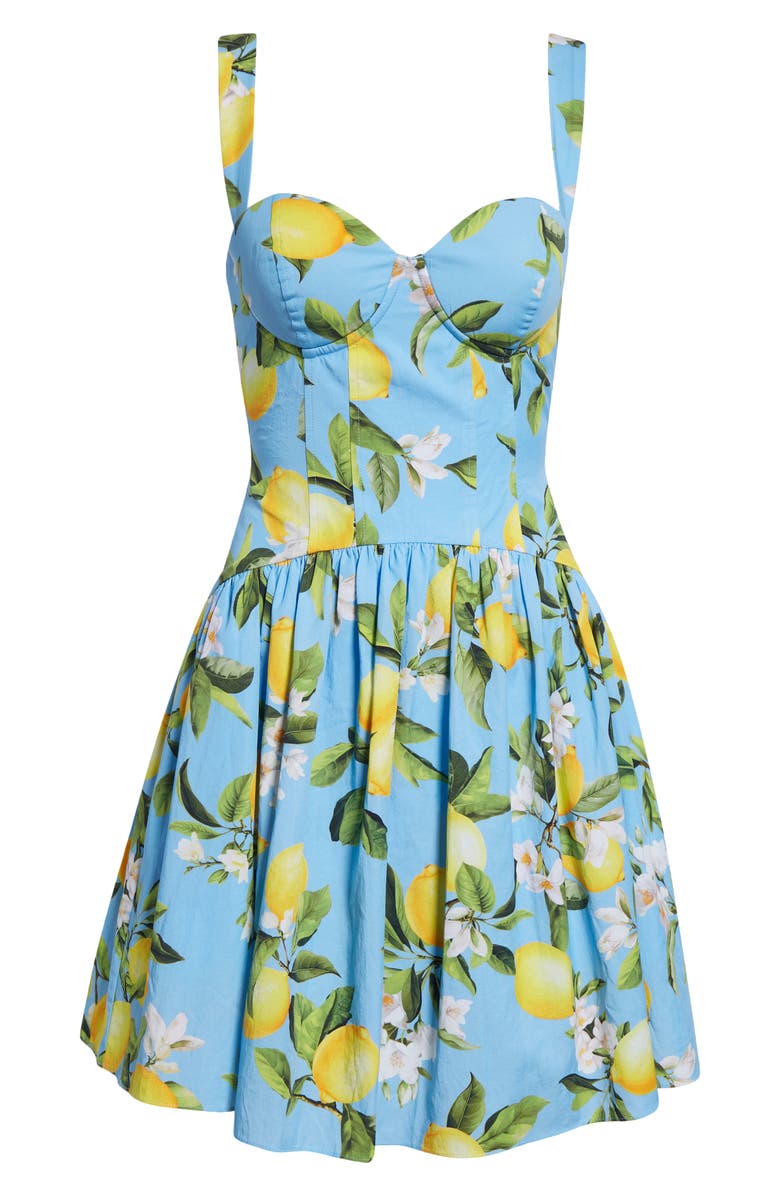 L'AGENCE Jai Lemon Print Corset Minidress, Alternate, color, Sky Blue/ Yellow Floral Lemon
