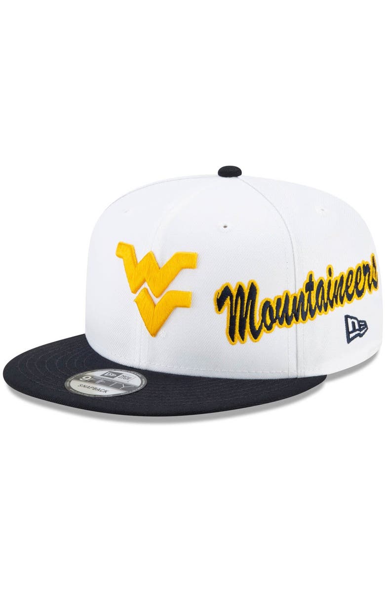 New Era Men's New Era White/Navy West Virginia Mountaineers Two-Tone Side Script 9FIFTY Snapback Hat, Main, color, 
