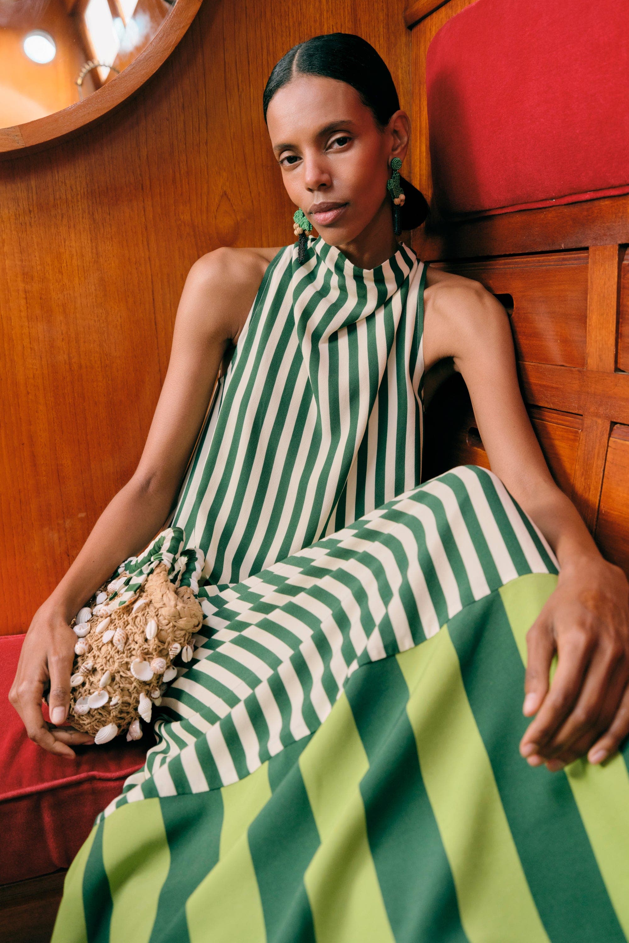 SIMONMILLER EMBELLISHED SHELLY BAG WITH SCARF HANDLE, Alternate, color, Natural/Green Stripe