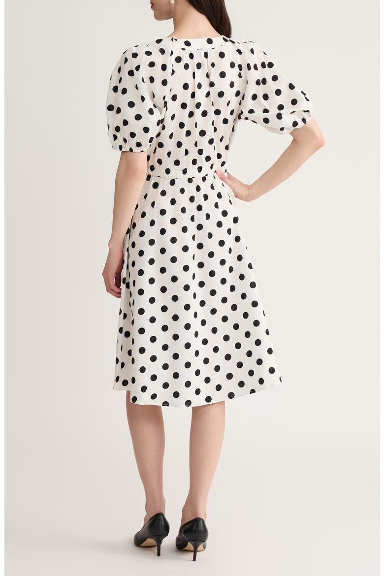 Polka Dot Puff Sleeve Elastic Waist Stretch Cotton Dress, Alternate, color, LILY WHITE/ BLK