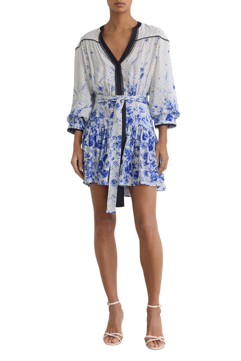 Anisa Floral-Print Belted Minidress, Main, color, IVORY/ BLUE