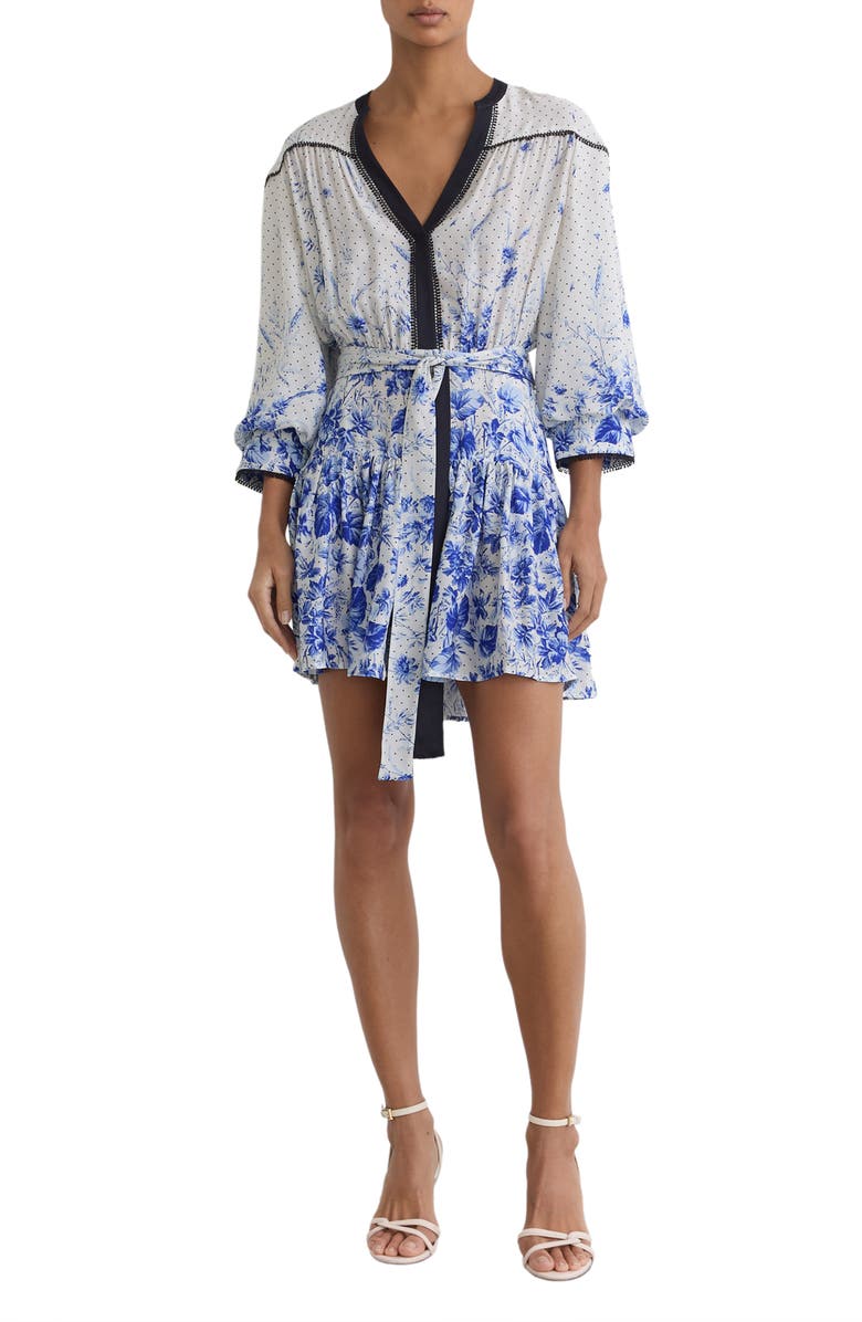 Reiss Anisa Floral-Print Belted Minidress, Main, color, Ivory/ Blue