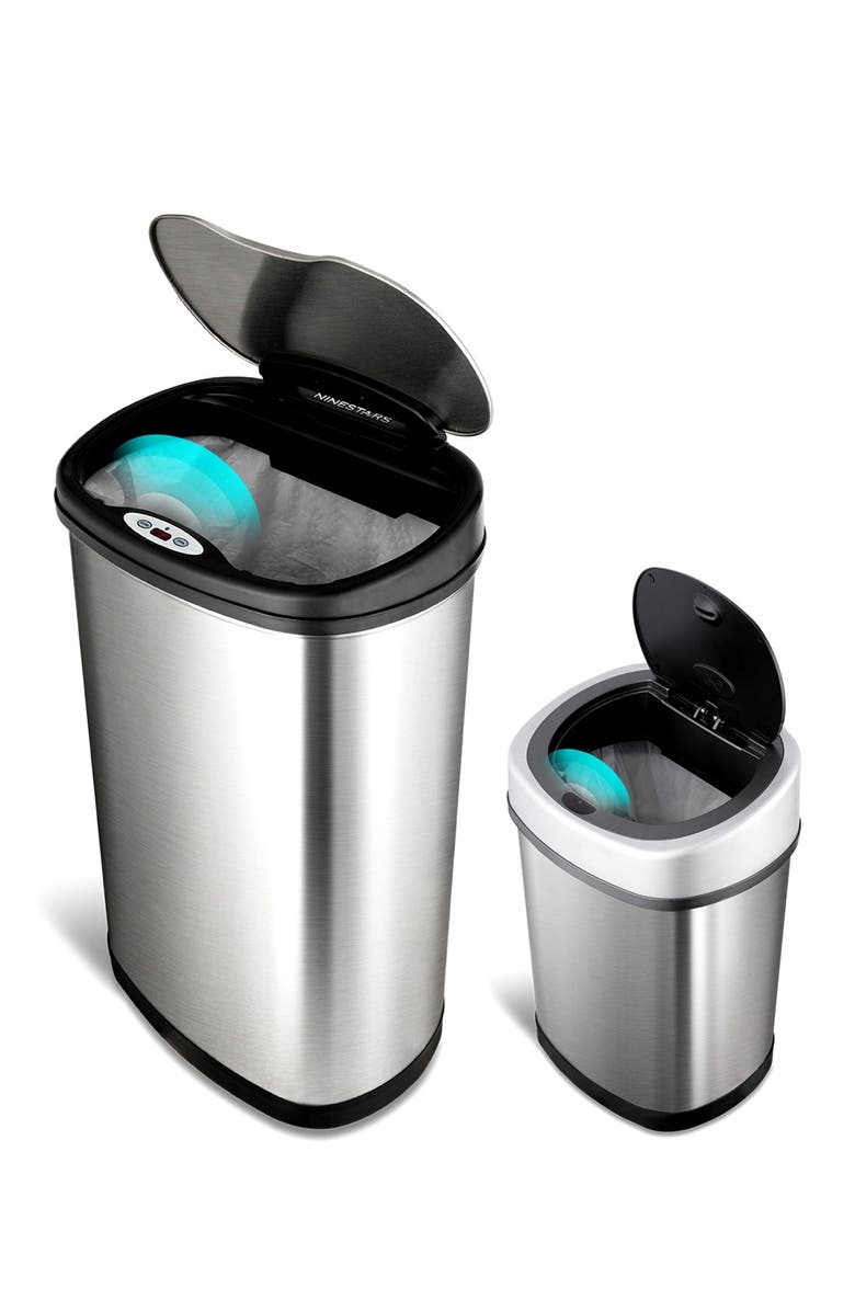 NINESTARS Oval Automatic Touchless Infrared Motion Sensor Trash Can Combo 2-Piece Set - 13.2 Gallons/2.1 Gallons, Alternate, color, Silver Black