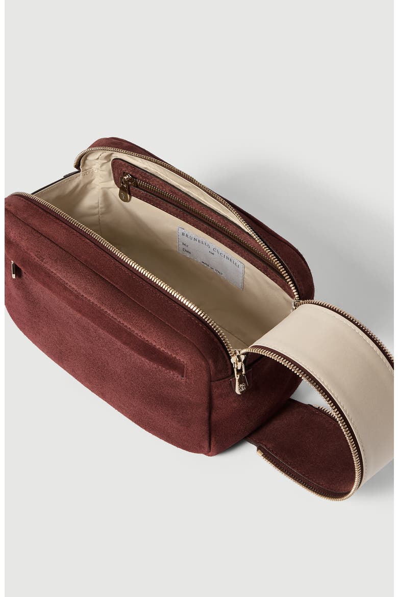 Suede beauty case with double zipper, Alternate, color, Burgundy