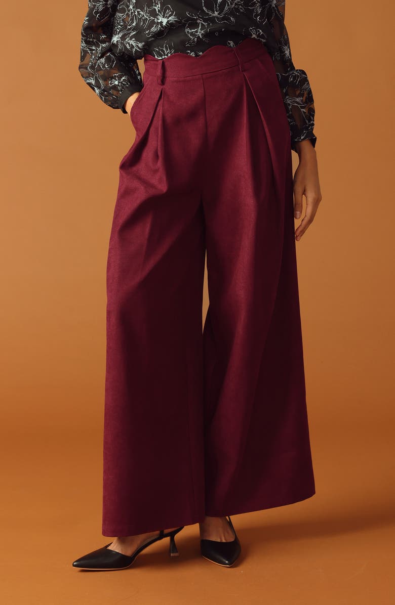 FLYING TOMATO Scalloped Waist Wide Leg Pants, Alternate, color, Wine