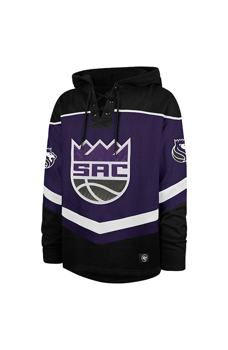 '47 Men's '47 Black Sacramento Kings Oversized Tri-Satin Layup Lacer Pullover Hoodie, Alternate, color, 