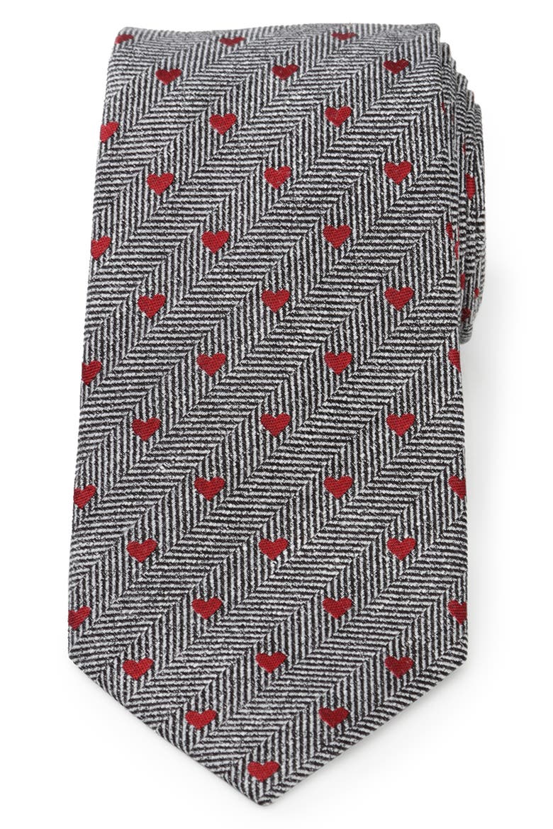 Herringbone Hearts Linen Tie, Main, color, BLACK