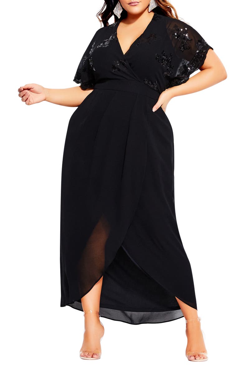Sequin Bodice Faux Wrap Maxi Dress, Main, color, BLACK