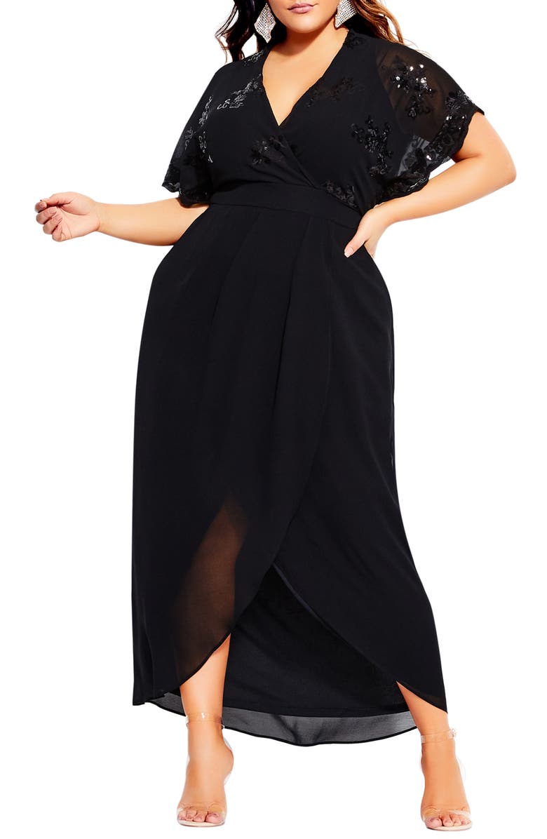 City Chic Sequin Bodice Faux Wrap Maxi Dress, Main, color, 