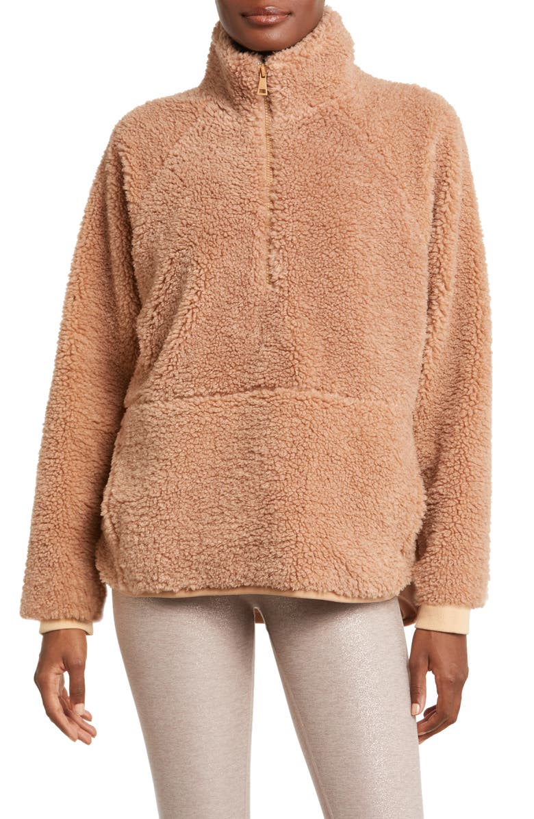 Beyond Yoga Take Flight High Pile Fleece Half Zip Pullover, Alternate, color, Camel
