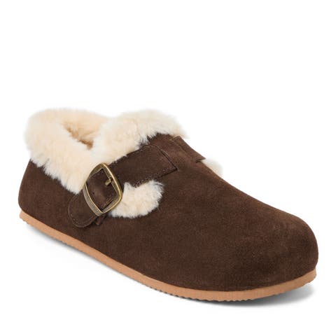 Genuine Cow Suede Buckle Closed Back Slippers