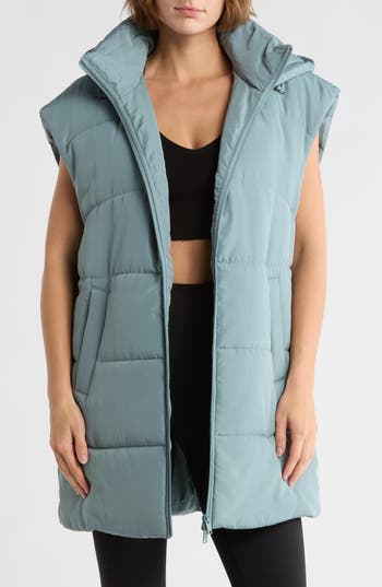 Z By Zella Hooded Long Quilted Vest In Gray