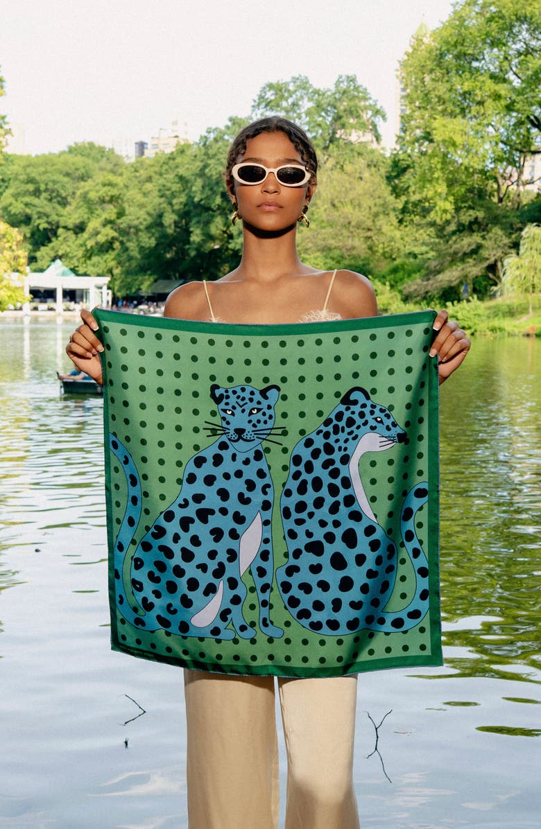 Jessie Zhao New York Twin Leopards Double Sided Silk Scarf, Alternate, color, Green