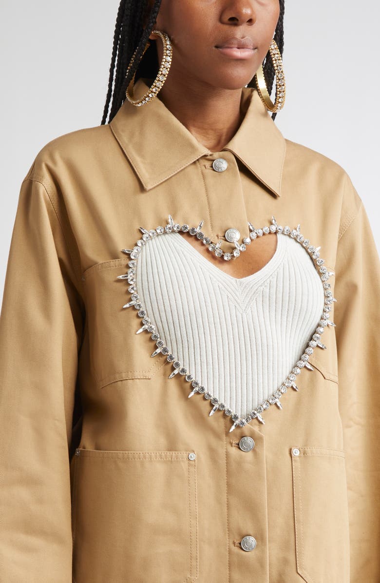 Area Crystal Trim Heart Cutout Cargo Jacket, Alternate, color, Tan