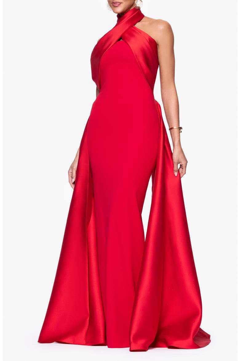 Twist Halter Neck Mikado Scuba Crepe Gown, Alternate, color, RED