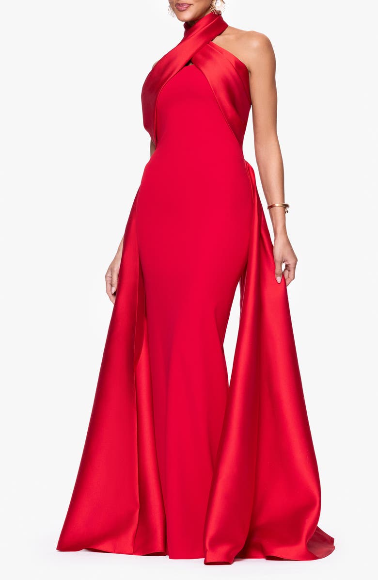 Betsy & Adam Twist Halter Neck Mikado Scuba Crepe Gown, Alternate, color, Red