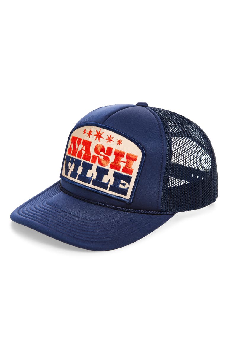 Local Beach Nashville Patch Trucker Hat, Main, color, Navy