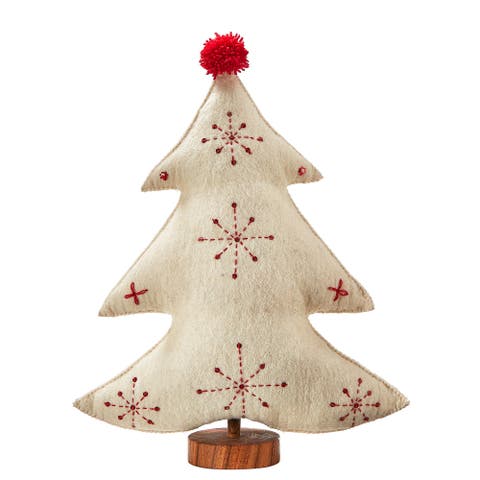 Embroidered Wool Ivory Christmas Tree Decor for Tabletop