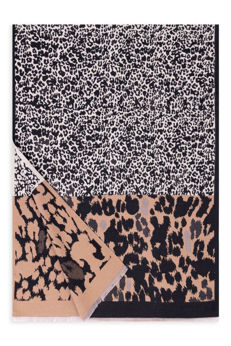 Reversible Leopard Print Scarf, Main, color, BLACK