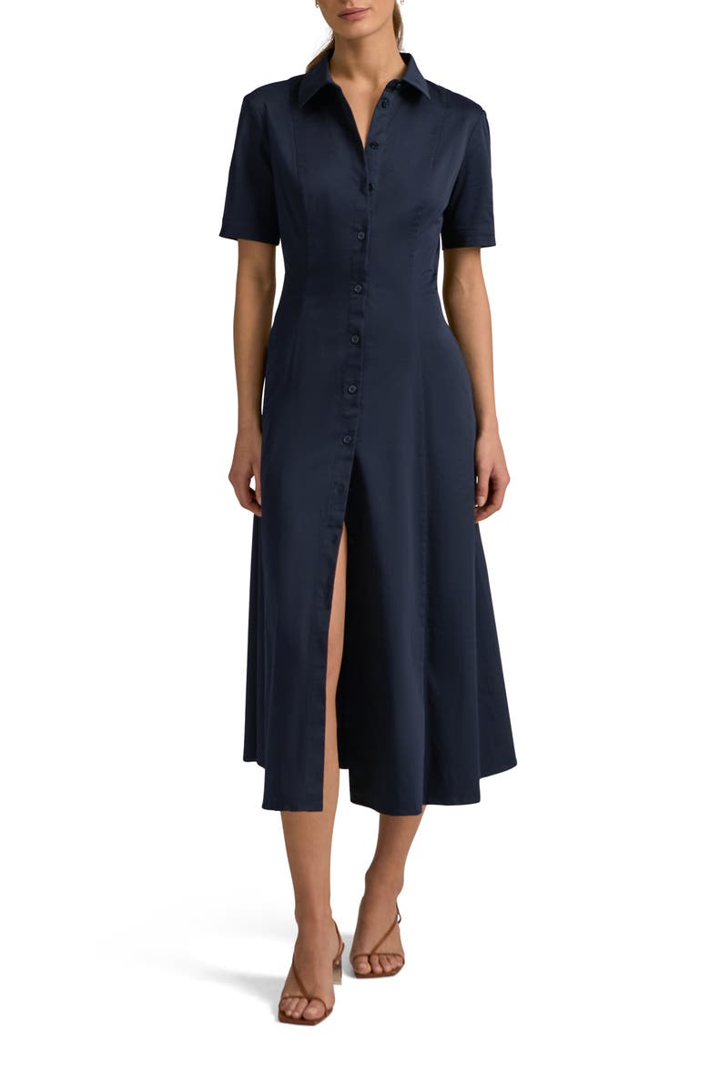 Demure Stretch Cotton Shirtdress, Main, color, NAVY