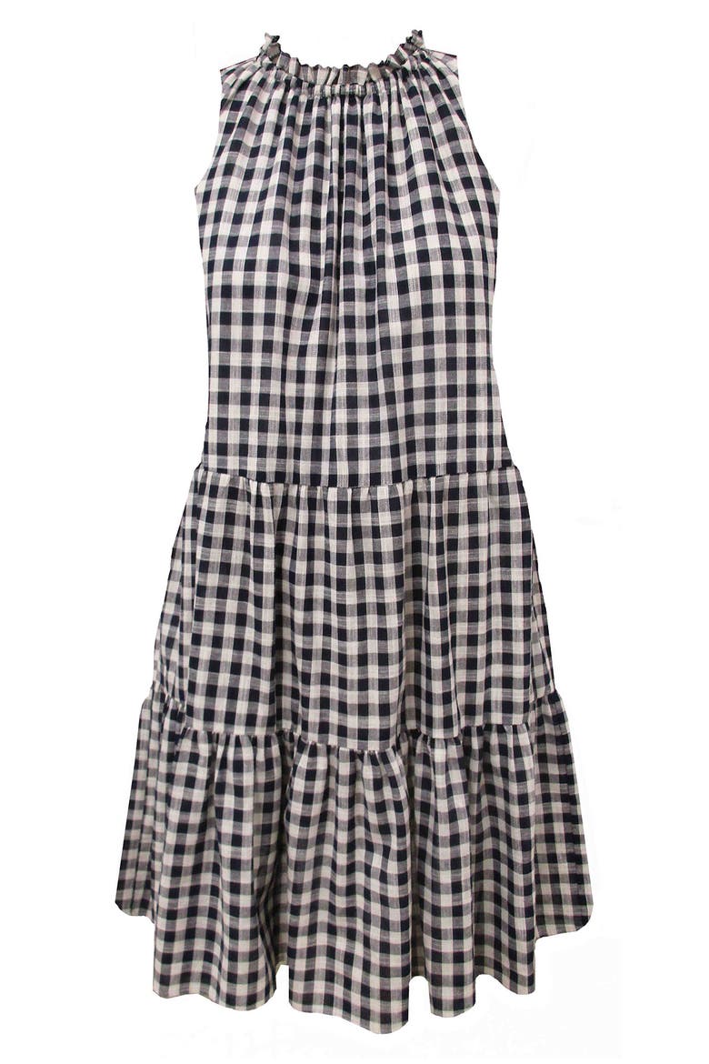 Gingham Sleeveless Tiered Shift Dress, Main, color, NAVY