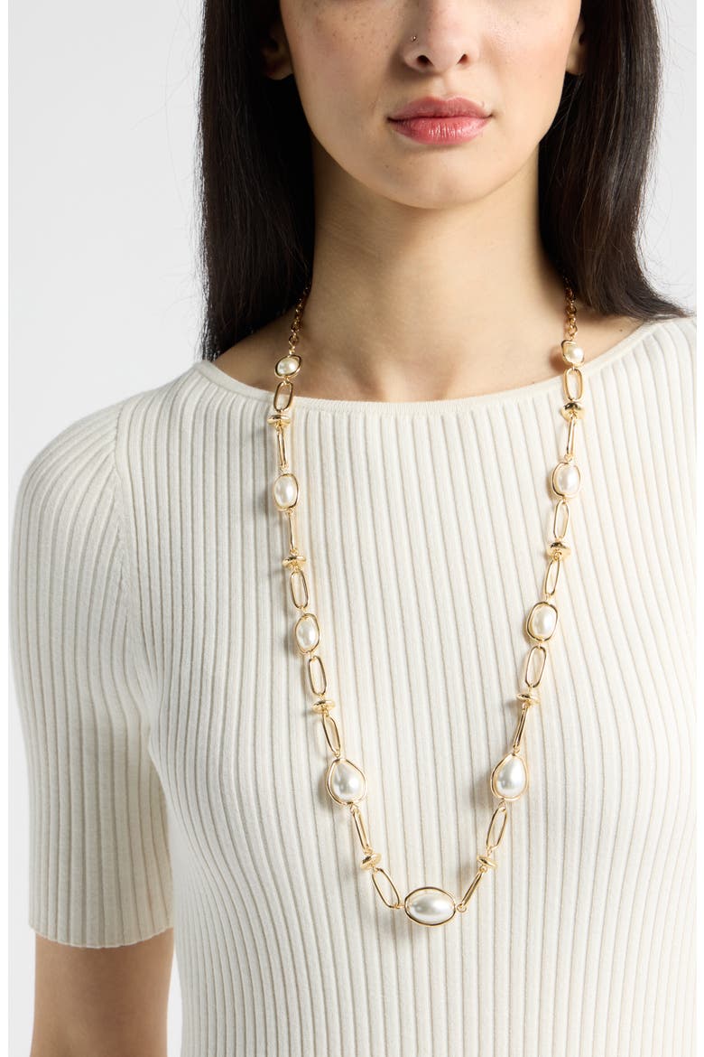 Stationary Imitation Pearl Long Necklace, Alternate, color, WHITE- GOLD
