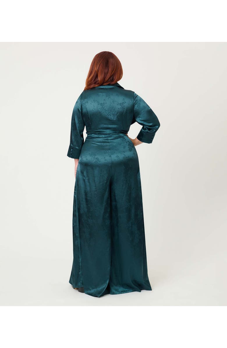 Unique Vintage Plus Size 1970s Satin Flare Jumpsuit, Alternate, color, Teal Jacquard