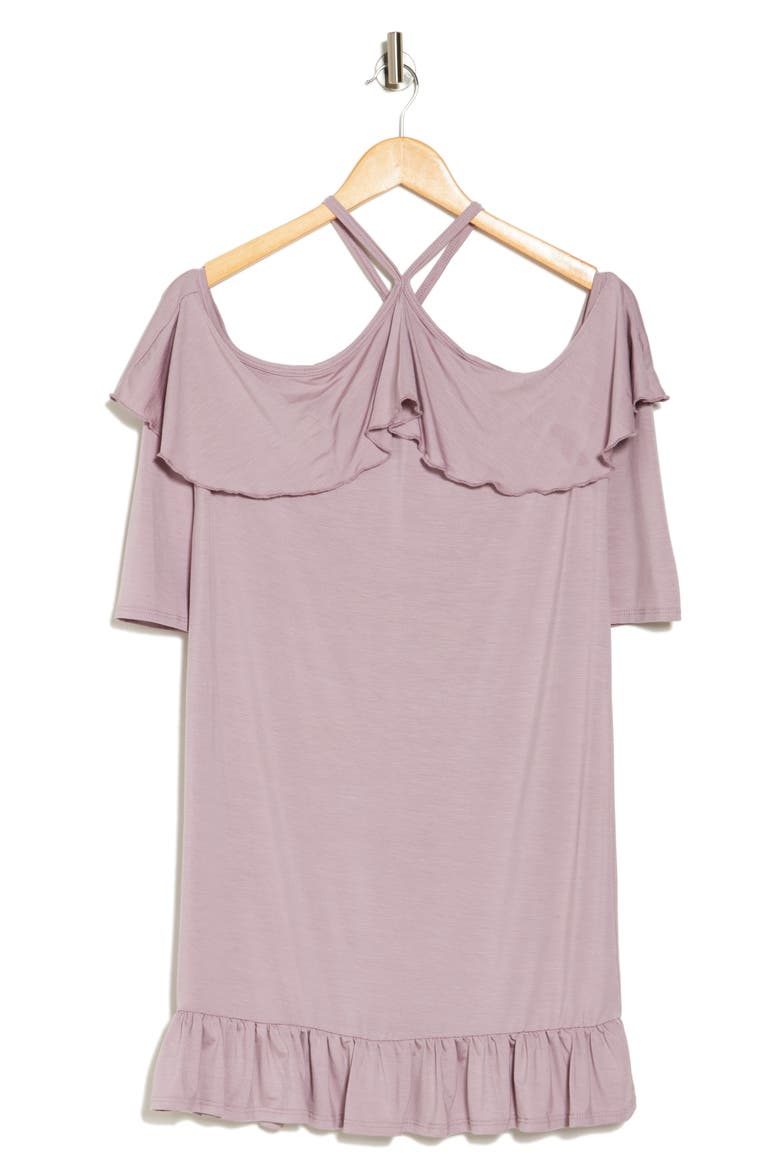 Ruffled Cold Shoulder Dress, Alternate, color, ELDERBERRY