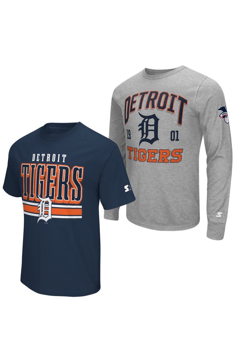 STARTER Men's Starter Heather Gray/Navy Detroit Tigers Two-Pack Long Sleeve & Short Sleeve T-Shirt Set, Main, color, Navy
