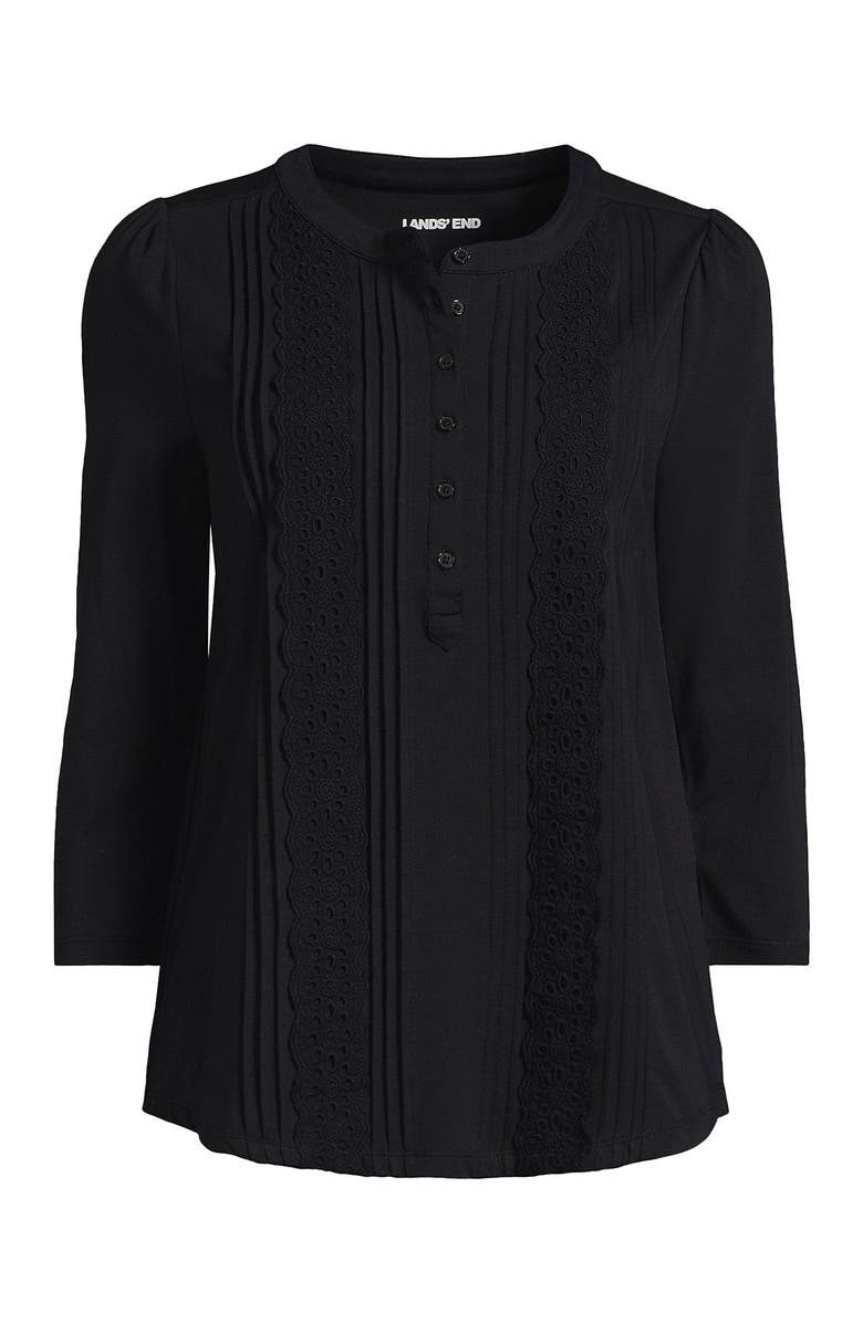 Lands' End 3/4 Sleeve Lightweight Jersey Embellished Top, Alternate, color, Black