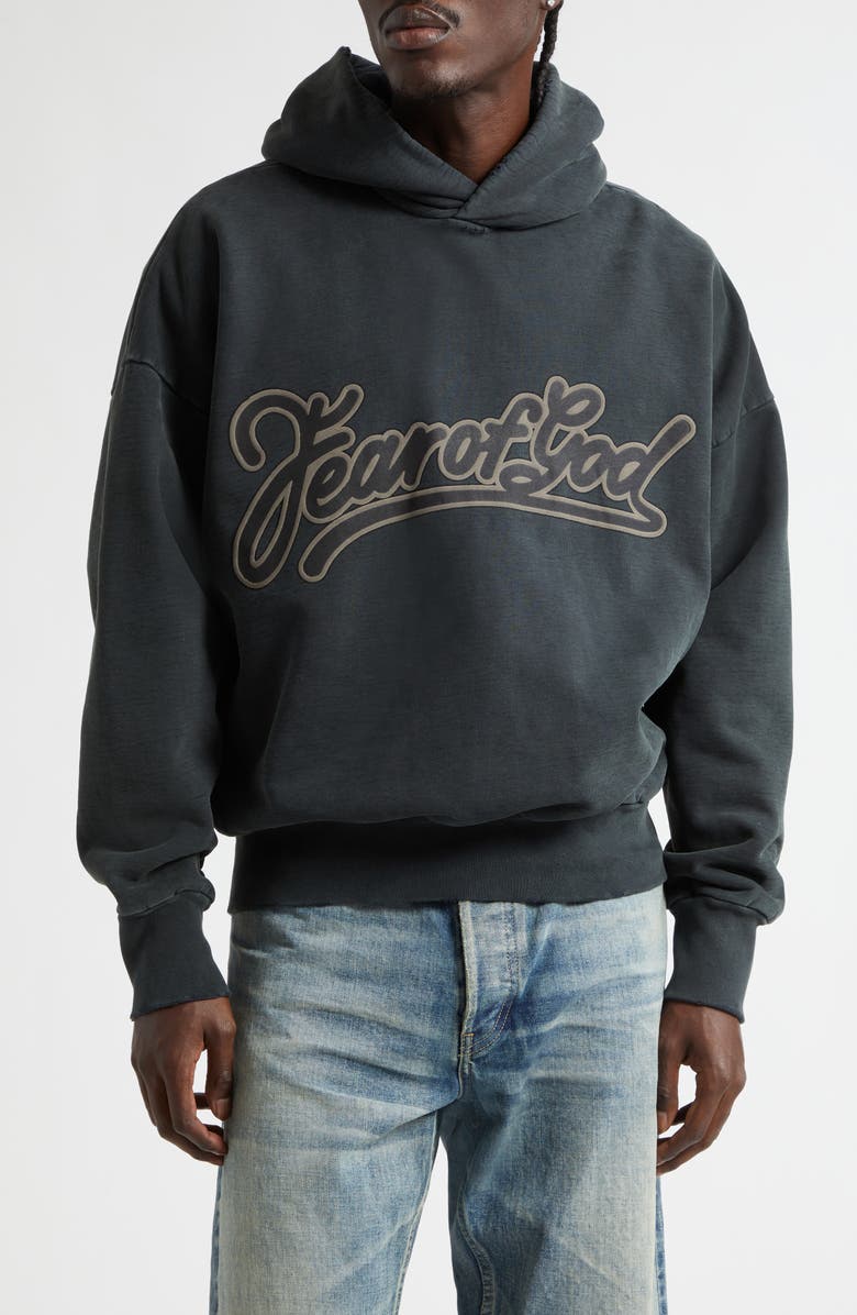Fear of God Classic Fit Logo Graphic Hoodie, Main, color, Black