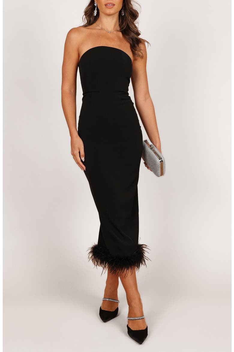 Clara Feather Trim Strapless Cocktail Midi Dress, Main, color, BLACK