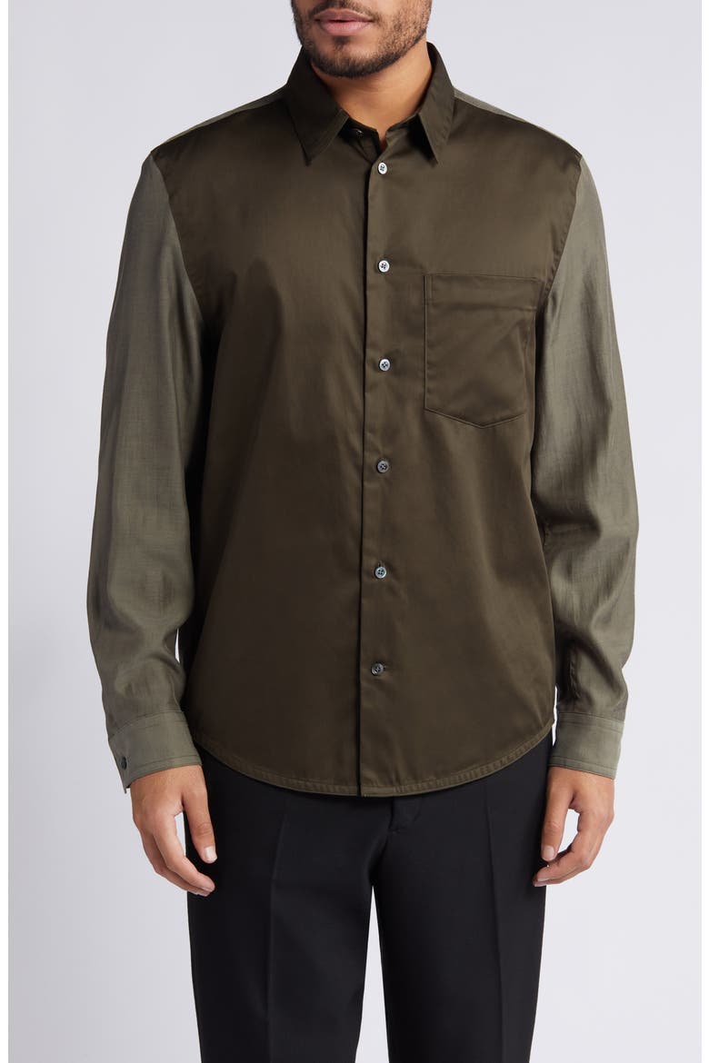 Relaxed Fit Colorblock Cotton Button-Up Shirt, Main, color, KHAKI GREEN