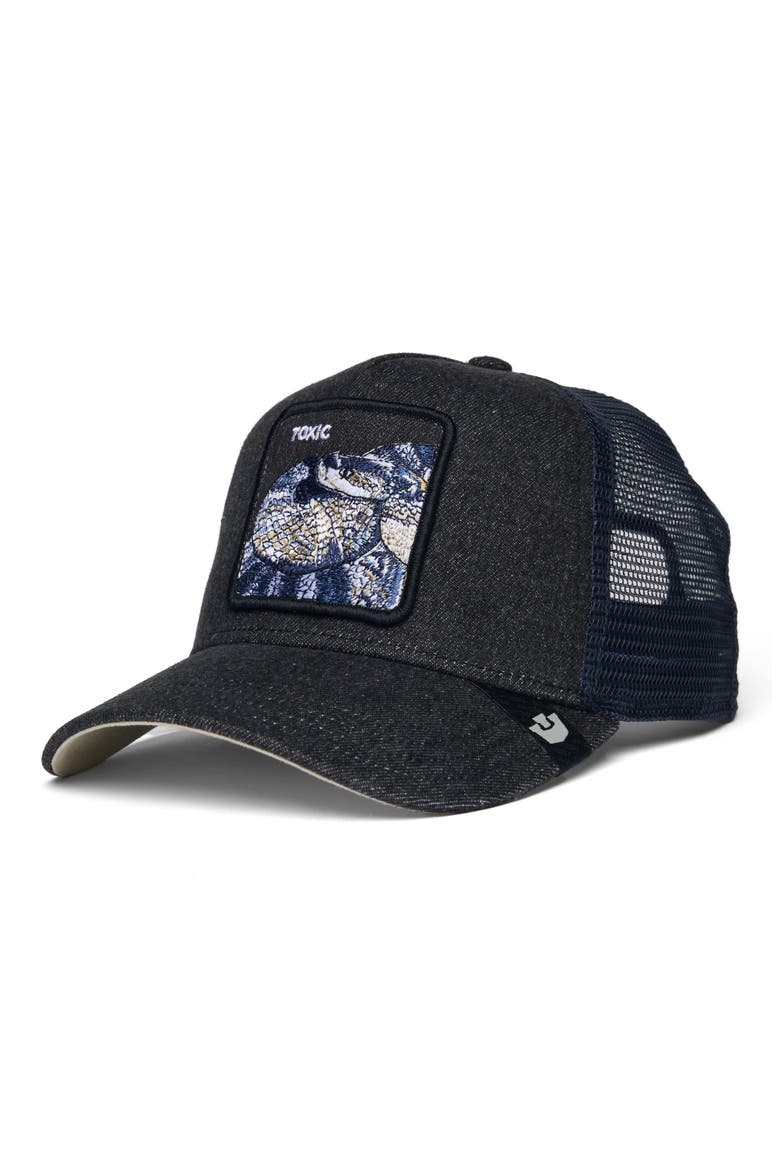 Toxic Snake Patch Denim Snapback Trucker Hat, Main, color, DENIM