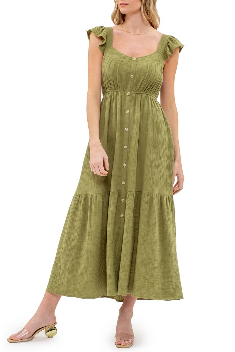 Flutter Sleeve Button Front Dress, Main, color, DUSTY OLIVE