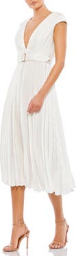 Mac Duggal Pleated Cap Sleeve Belted A-Line Midi Dress