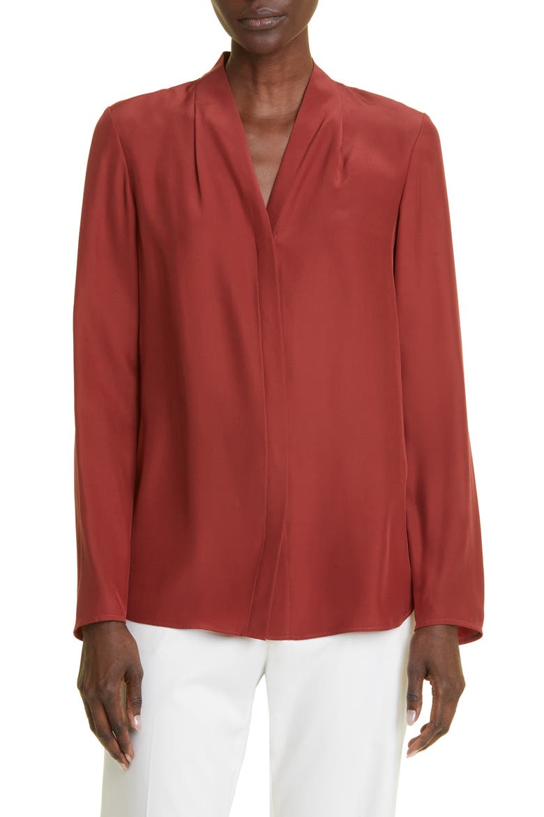 V-Neck Silk Button-Up Shirt, Main, color, WINTER ROSE
