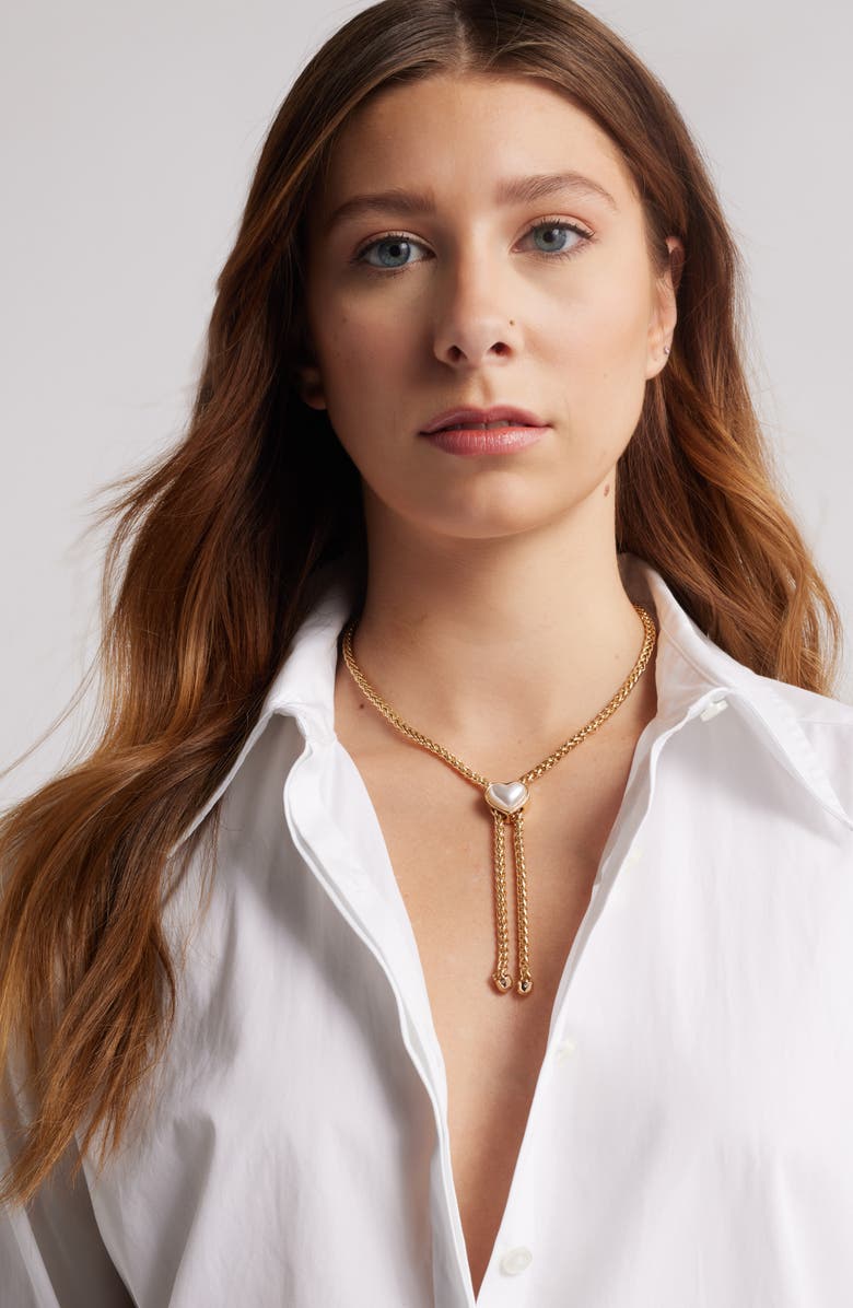 Open Edit Faux Pearl Heart Slide Wheat Chain Bolo Necklace, Alternate, color, 