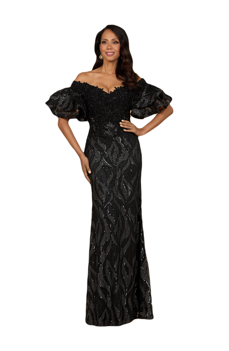 LARA New York Off Shoulder Mermaid Beaded Gown with Tiered Sleeves, Main, color, Black