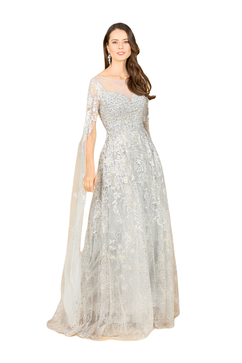 Lace Gown with Cape Sleeves, Sweetheart Neckline, Main, color, Mist