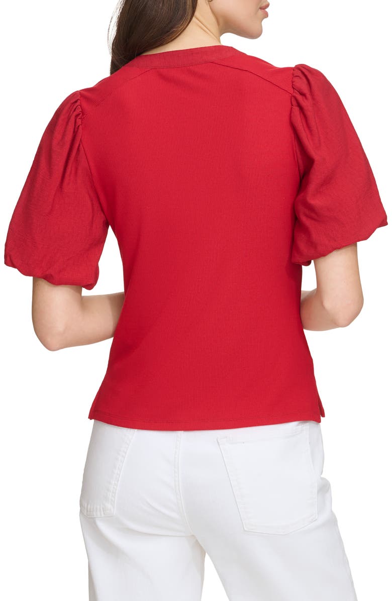 DKNY Rib Crinkle Sleeve Henley Top, Alternate, color, Sangria