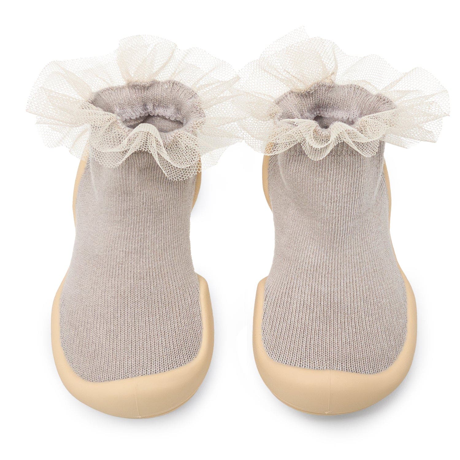Komuello Toddler Girl Sock Shoes Tulle Trim - Beige, Main, color, Beige