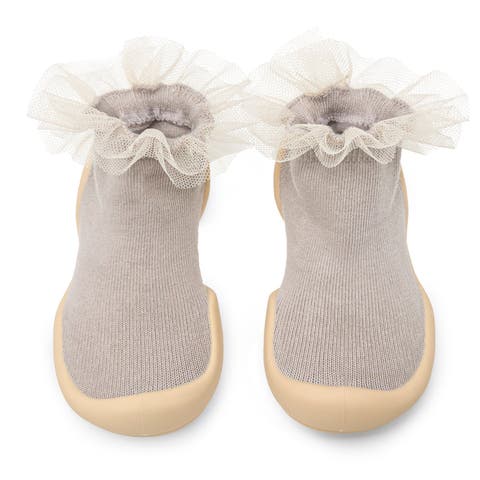 Toddler Girl Sock Shoes Tulle Trim - Beige